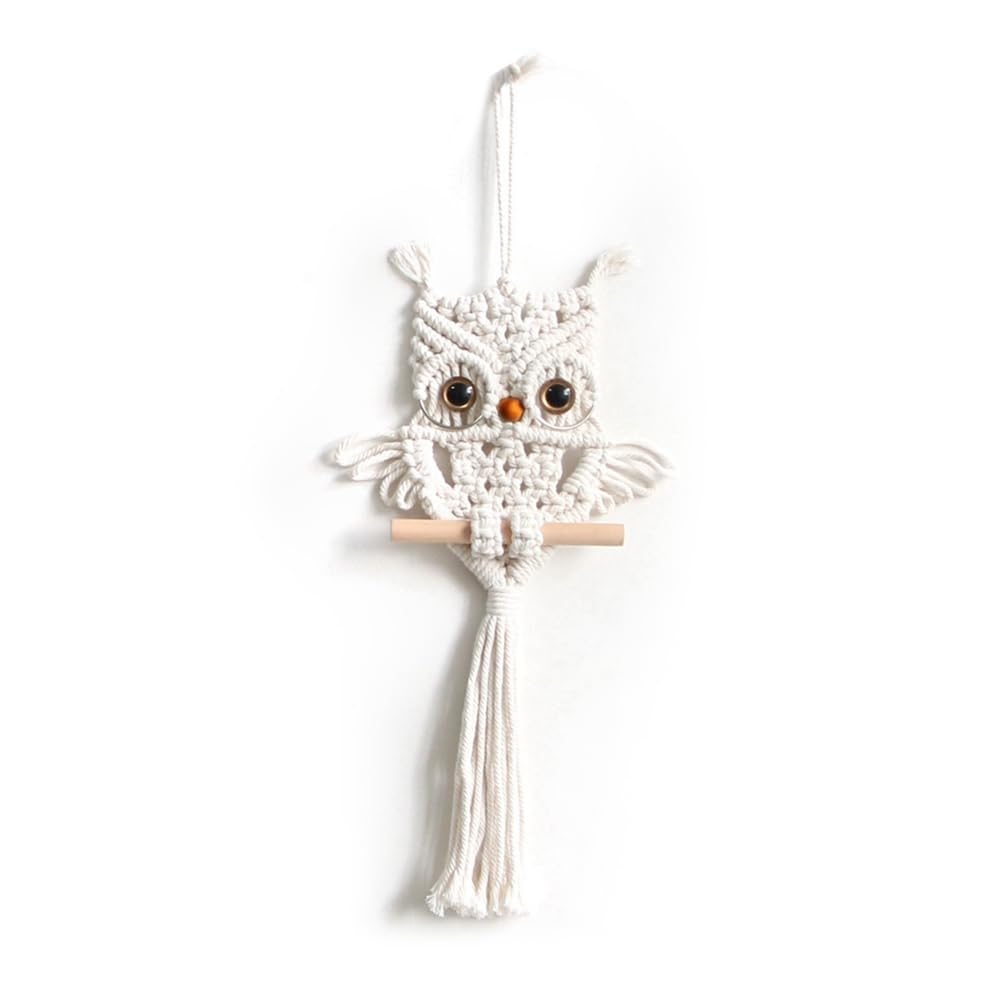 Vjsujehgy Owl Macrame Tapestry Woven Wall Hanging Pendant Ornament Woven Bohemian Tapestry Creamy White