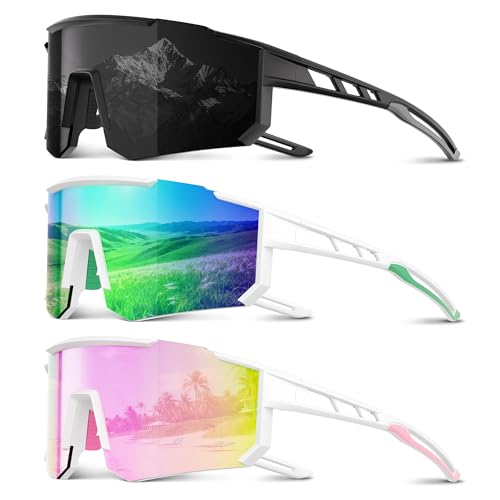 3 Pack Polarized Sports Sunglasses Men Women, Running Mens Sunglasses UV Protection for Baseball Cycling Fishing B02-grey/Pink/Green