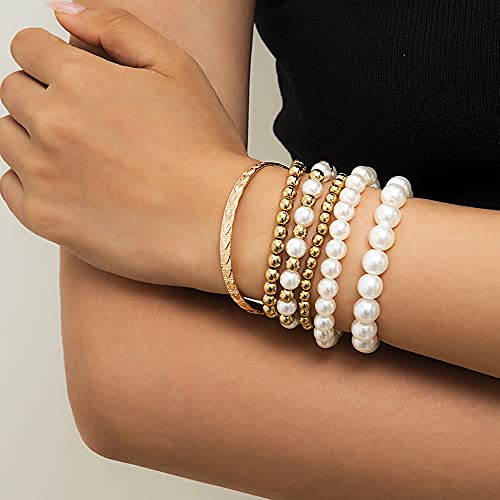 Chargances Gold Boho Peral Bracelets Set for Women Multi Layer Beaded Bracelet for Women Girls Gift (Gold)
