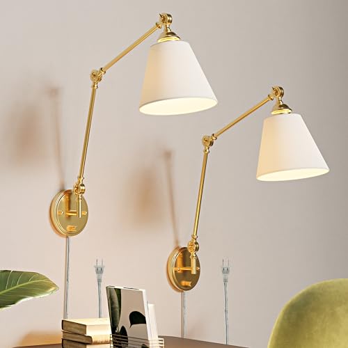 Image of Plug in Wall Sconces Set of Two, Gold Swing Arm Wall Lamp with 6.6FT Plug-in Cord and Knob Switch, Fabric Hardwired Wall Lights for Reading, Bedroom, Study Room, Office, Living Room (2 Pack)