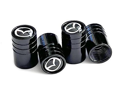 4 Stück Set Aluminium Ventilkappen Style Suzuki Opel Landrover Mazda Mercedes AMG Logo für Auto, Fahrrad, Motorrad. Deckel aus Metall (Mazda schwarz)