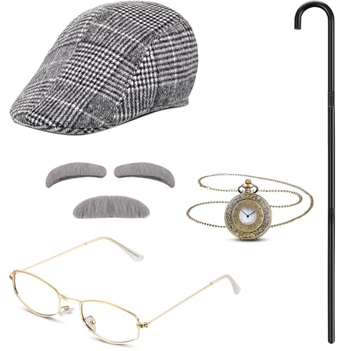 Jeere 100th Day Old Man Costume 1920s Grandpa Accessories Newsboy Hat Glasses Moustache Eyebrows Pocket Watch(Vivid Style)