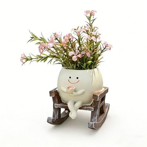 Smiley Face Planter Pot Cute Rocking Chair Plant Pots for Indoor Outdoor Unique Funny Drinking Coffee Flower Pot with Drainage Hole Succulents Plant Gifts for Mothers Day Birthday Christmas