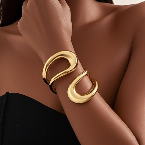 Gold Bangle Bracelets For Women, Polished Chunky Twisted Hinged Waterdrop Spiraled Oval Open Thick Cuff Statement Jewelry Gift2