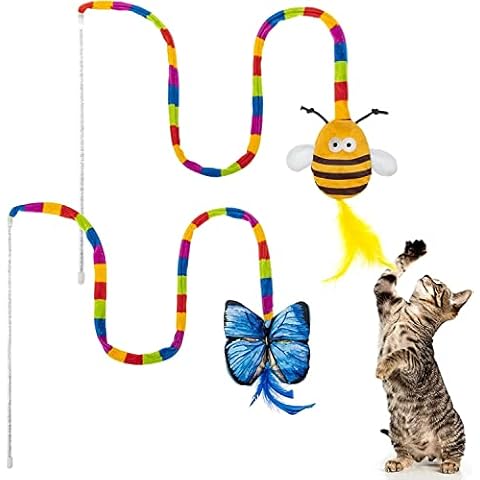 BINGPET Catnip Toy Set, Cat Feather Toys - 2 Pack Kitten Wand Toys for Cats Teaser Interactive with Cute Bee and Butterfly, Crinkle Paper Inside Perfect for Indoor Cat, Kitties Cover