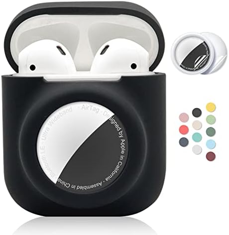 2 in 1 Silicone Protective Skin Cover Compatible with AirPod 1&2 and AirTag, Soft Comprehensive Protective Case with 2 PCS TPU Screen Protector, Anti-Scratch Anti-Fall Anti-Lost(Black)