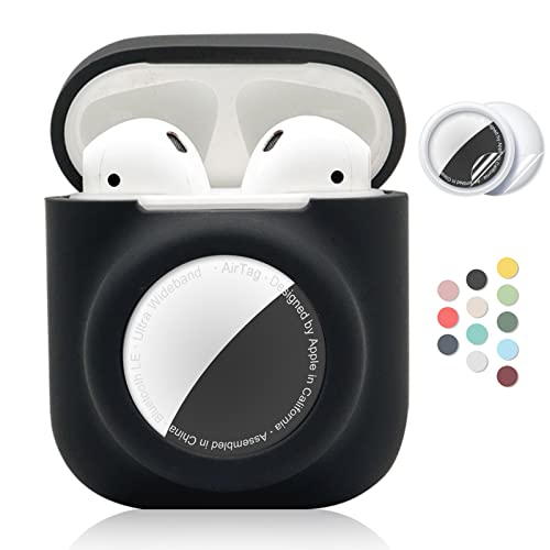 2 in 1 Silicone Protective Skin Cover Compatible with AirPod 1&2 and AirTag Soft Comprehensive Protective Case with 2 PCS TPU Screen Protector Anti-Scratch Anti-Fall Anti-Lost(Black)