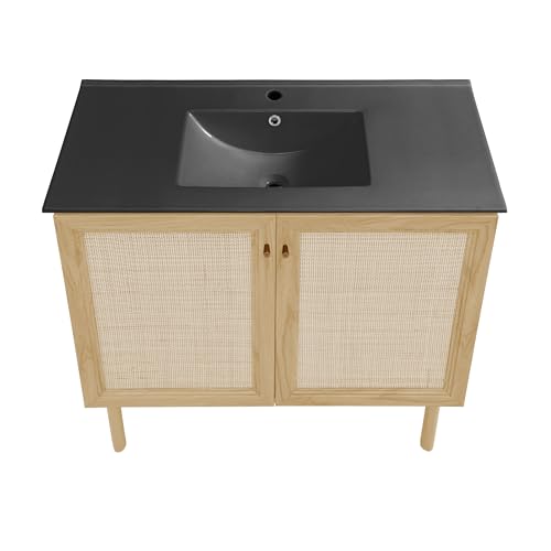 Image of Swiss Madison Classe 36 inch Freestanding Bathroom Vanity in Natural Oak with Black Sink Top
