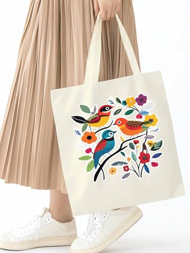Spring Floral Birds Summer Canvas Tote Bag, Aesthetic Canvas Tote Handbags for Women Shoulder Bag2