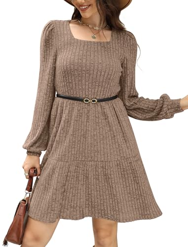 Image of Sampeel Womens Square Neck Long Sleeve Fall Dresses Casual Babydoll Sweater Dress
