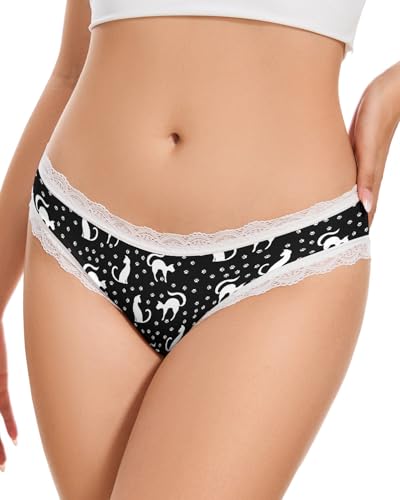 Aueyan Halloween Panties, Christmas Underwear for Women with Lace Trim Funny Printed Underpants, Cat, X-Large