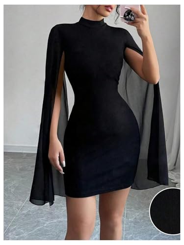 Women's Sexy Glitter Mini Dress Mock Neck Cloak Sleeve Cocktail Shimmering Elegant Dresses Wedding Guest Party Evening2