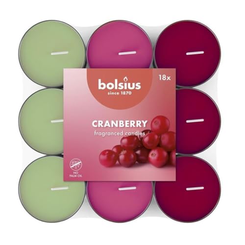 Bolsius - 18 Velas de té Aromáticas - granada - Duración de quema de 3,5 horas - Diámetro 38 mm – Extractos Naturales – Contiene Cera Vegana – Sin Aceite de Palma