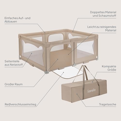 Lionelo Kinderlaufgitter 150 x 180 x 75 cm Florence Easy Fold, atmungsaktives Netz, sicher, tragbar, einfach zusammenklappbar, 2 Eingänge mit Reißverschluss, Reisetasche