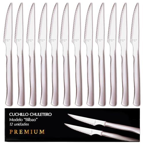 12 Cuchillos Chuleteros PREMIUM | Modelo Bilbao | Acero Inoxidable Monoblock | Hoja Microdentada Profesional | Corte Extra Suave “Mantequilla” | Mango Ergonómico | Ideal Hogar y Hostelería