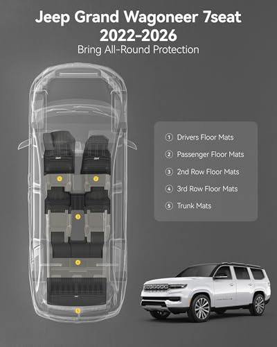 Image of 3W Floor Mats & Cargo Liner Fit for Jeep Grand Wagoneer 2022-2025 7 seat (Not Fit for L or 8 seat), TPE Custom Fit Wagoneer Floor Liner for 1-3 Rows and Trunk Mats Full Set Car Accessories