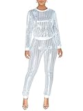 Famnbro Sequin Set Women 2 Piece Outfits 2023 Glitter Long Sleeve Metallic Top And Sparkly Pants Sexy Clubwear
