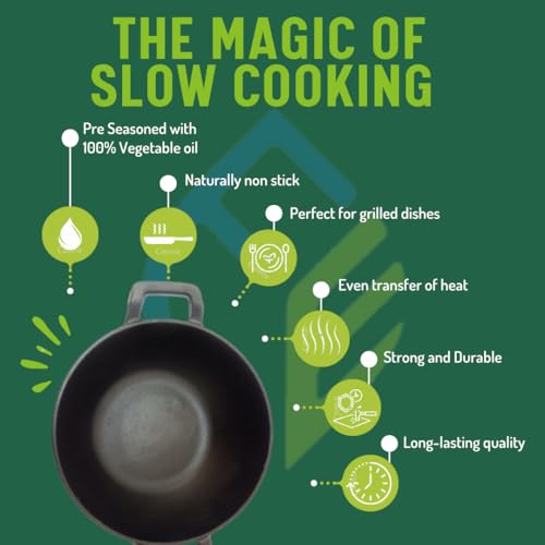 Image of EARTHFIT Cast Iron Kadai 10 Inches with Twin Handles | Durable Iron Kadhai for Cooking and Deep Frying | Pre-Seasoned Kadai Cast Iron for Healthy Cooking