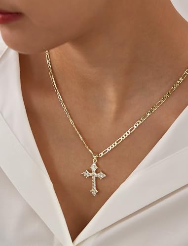 14K Gold Plated Women's Cross Necklace, Cubic Zirconia Copper Cross Pendant, Valentine's Mother's Day Gifts for Her with Jewelry Box Figaro Link Chain, Alloy Brass CZ Diamond Bridal Wedding3