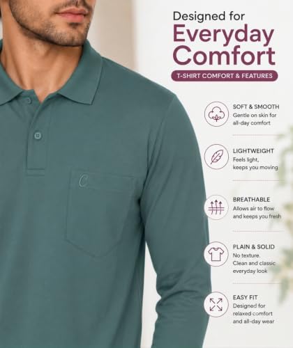 Image of CAMEY Men's Plain Solid Long Sleeve Polo T-Shirt | Regular Fit | Collared Casual Cotton Blend Tee with Chest Pocket | Everyday Comfort Wear