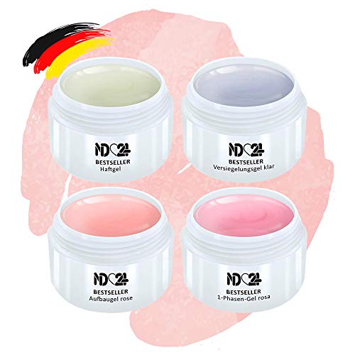 Gel Set - 1-Phasen-Gel Rosa + Haftgel + Aufbaugel Rosa + Finish Gel - Made in Germany (4 x 5ml)