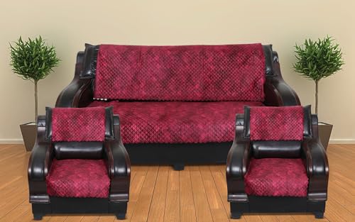 Image of 5 Seater Sofa Cover | Universal Non-Slip Fully Covered Protector for 3+1+1 Sofa Set | Durable Slipcover for Living Room Quilted Luxe (Crimson Red)