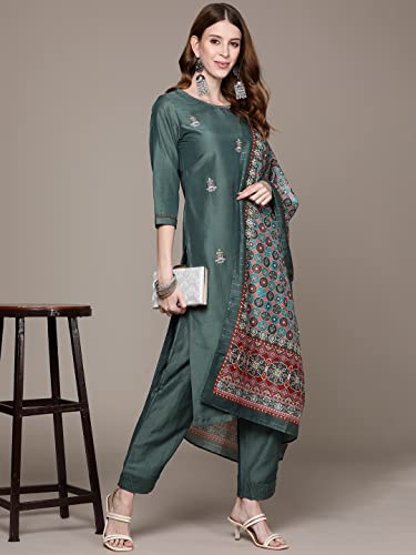 Image of anubhutee Women's Muslin Green Floral Embroidered Straight Kurta Suit Set With Pants And Dupatta