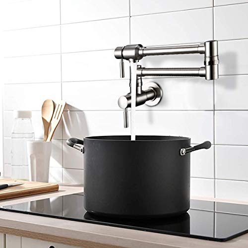 Bagnolux Pot Filler Faucet Wall Mount Commercial Kitchen Faucet Cold Water Only Double Lever Handle With Dual Joint Swing Arm, Brushed Nickel #TOP1