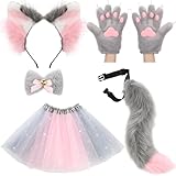 Breathffy 6 Pcs Christmas Women Fox Wolf Furry Costume Accessories Cosplay Outfit with Tutu Skirt Tail Ears Paw Gloves Collar(Gray Pink)