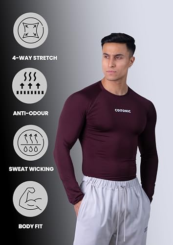 Image of COITONIC Men's Full Sleeve Compression T-Shirt - Athletic Base Layer for Gym, Sports & Fitness Training