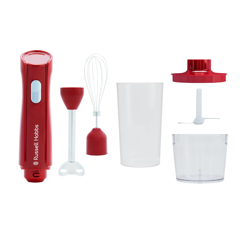 Russell Hobbs Mixeur plongeant [3 en 1 : mixeur, fouet, hachoir] Blender Rouge (bol 600 ml, smoothies, soupes, sauces, dips, lames en acier inoxydable, lavables au lave-vaisselle, sans BPA) 27142-56