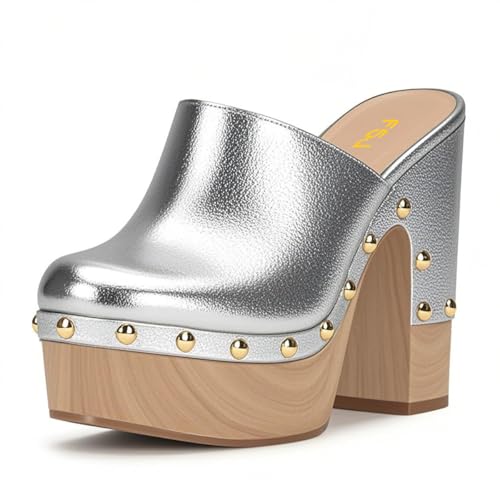 FSJ Women Closed Round Toe Mules High Chunky Heeled Sandals Slip On Platform Wooden Clogs Studs Comfy Shoes Size 4-16 US