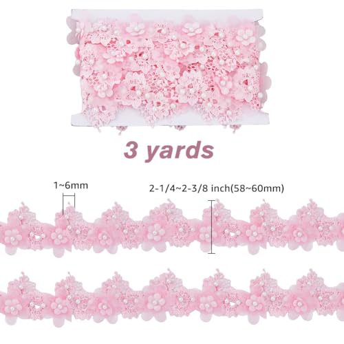 HOBBIESAY 3 Yards Polyester Embroidery Lace Ribbon Trim 58mm Wide Pink Flower Lace Ribbons Roll Imitation Pearls Gift Wrapping Ribbon Romantic Pink Wedding Applique Tape for Craft Decoration - Image 2