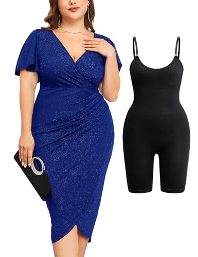 Image of ZOMVA Plus Size 0X-4X Sparkly Glitter Ruched Bodycon Midi Dress Sparkle Sequin Wrap Ruffle Sleeve Dress Cocktail Party Formal