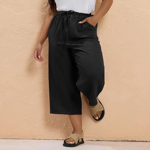 fanmpghleoo Linen Capri Pants for Women Plus Size Wide Leg Carpis wiht Pocets Drawstring Elastic Waist Cropped Pants Summer4