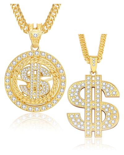 2PCS Money Chain Fake Gold Necklace: Big Money Dollar Sign Gold Chains Halloween Costume - Men Rapper Digger Hip Hop 70s 80s 90s Costume Accessories