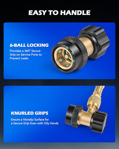 Image of OMT R134a Adjustable Quick Coupler Adapters, High /Low 2pc, 1 /4 inch Male Flare | For AC Evacuation & Recharge on Cars, Trucks, SUVs, Home Units; Leak-Free O-Ring Seal, Aluminum & Brass, 6-Ball Couplers