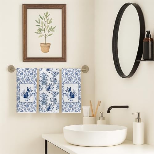 Image of Blue Chinoiserie French Bulldog Kitchen Towels, Frenchie Gifts Dish Tea Towels, Gifts for French Bulldog Lovers, Grandmillennial Toile Dog Decorative Hand Towel for Bathroom, 16x24 Inch Set of 3