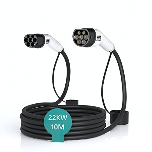 MAX GREEN EV/Elektrofahrzeug Auto & PHEV Ladekabel Typ 2 auf Typ 2, 32Amp, 22 KW DREI Phasen 10 Meter kompatibel mit Model 3/X/Y/S 500 Electric ID.3 i3 ZOE EQV EQA e-tron Quattro FIAT 500 u.a