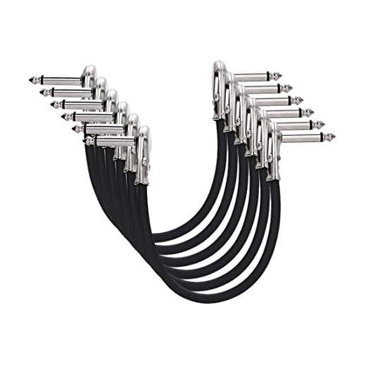 Amazon Basics Guitar Patch Auxiliary Cable for Effect Pedals, Microphones, Mixing Consoles, Amplifiers & Others, 1/4 Inches Right Angle Plugs, Blocks Interferences, Pack of 6, 15 cm (6 inch), Black