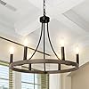Wagon Wheel Chandelier 6 Light Farmhouse Chandelier Round Rustic Faux Wood Black Chandeliers for Dining Room Kitchen Island Living Room Entryway Foyer Lighting