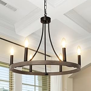 Wagon Wheel Chandelier 6 Light Farmhouse Chandelier Round Rustic Faux Wood Black Chandeliers for Dining Room Kitchen Island Living Room Entryway Foyer Lighting