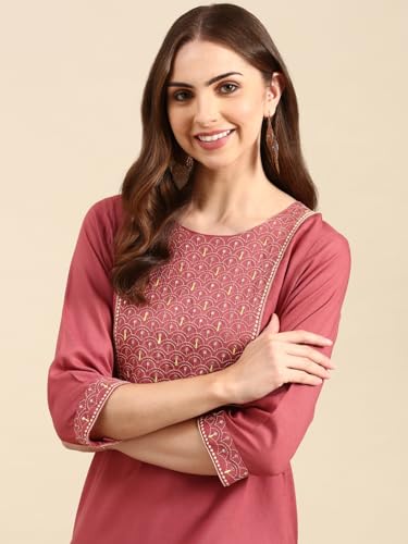 Image of SHOWOFFFF Women Solid Straight Ethnic Kurta | Round Neck 3 /4th Sleeves Cotton Kurta for Womens | Regular Fit Calf Length Kurta for Women's