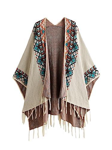 Verdusa Women's Printed Tassel Open Front Poncho Cape Cardigan Wrap Shawl