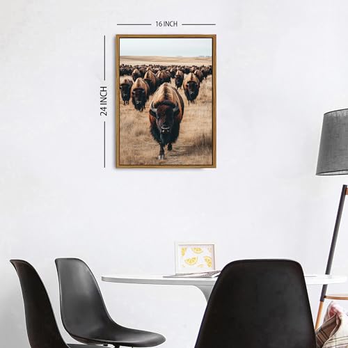 Image of Buffalo Wall Art Western Bison Cow Pictures Wall Decor Framed American Bison Herd Decor Rustic Wildlife Animals Canvas Prints Farmhouse Cabin Lodge Decor for Living Room Bedroom Home Decoration 16x24
