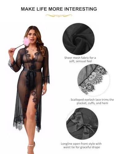 sunshinelady Kimono Daman Lang Sexy Tüll Robe Spitze Morgenmantel Große Größen Negligee Langarm Babydoll mit Wimpernspitze Transparente Dessous Reizwäsche Gürtel Strand Coverups Bikini Schwarz,XL-XXL