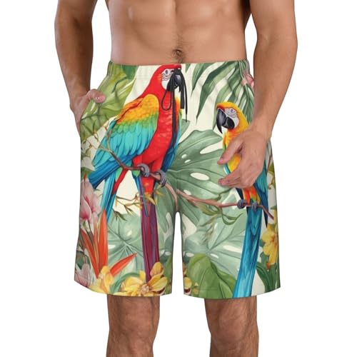 Tropical Plants and Parrots Men's Swim Trunks Quick Dry Board Shorts with Pockets Drawstring Beach Shorts Bathing Suit