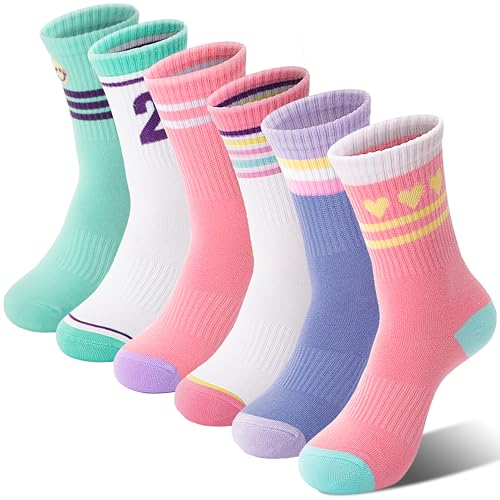 Sandsuced Calcetines para Niñas Deporte Calcetines Transpirantes Compresión Correr de Algodón Regalo Niños 6 Pares(Dulces Rayas Corazón, 28-31)