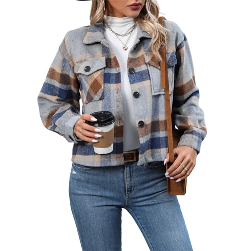 Women's Flannel Plaid Jacket Long Sleeve Button Down Cropped Shirts Business Casual Work Blouses Fashion Crop Coats