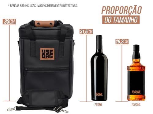 Bolsa Térmica Para Vinho Wine Bag Couro com Divisória 13 litros Executiva Alça Porta 4 Garrafas e Ta